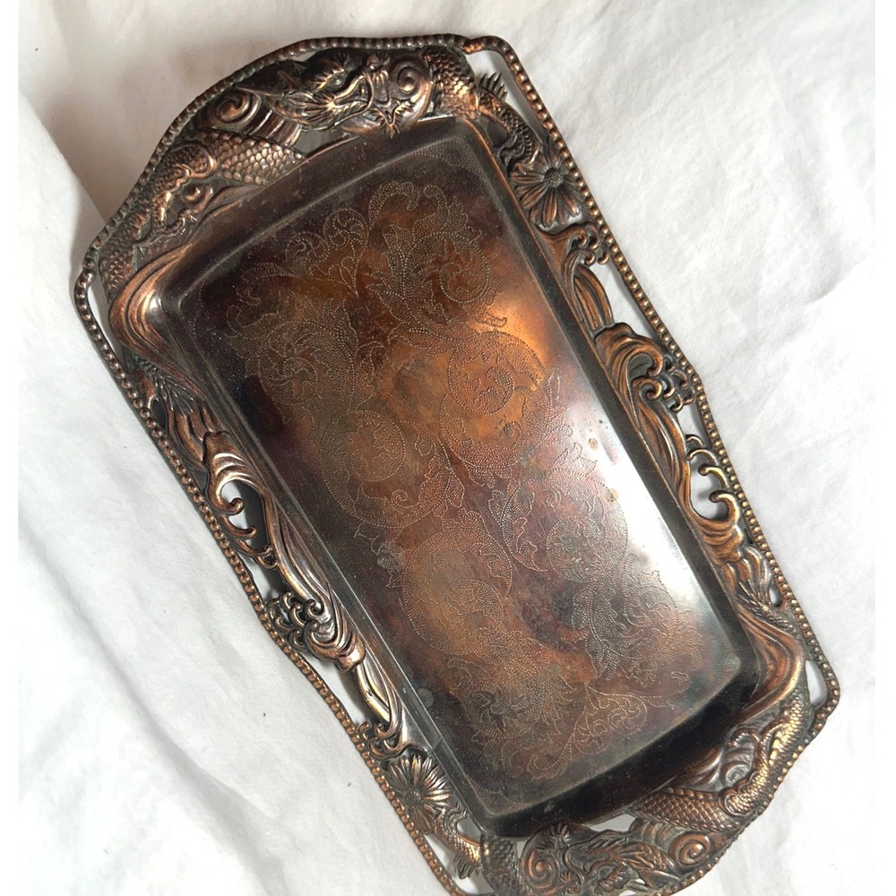Vintage Dragon Metal Tray Copper Tone Good Ornate Embossed Chinoiserie 9.5in